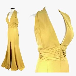 Elegant Gold/ Tan Yellow Halter Evening Gown